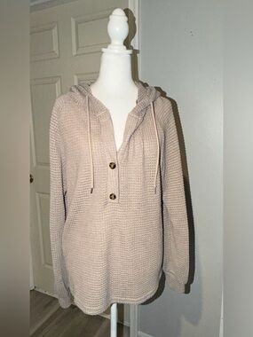 SHEIN Cozy Hooded Waffle Knit Pullover - Beige